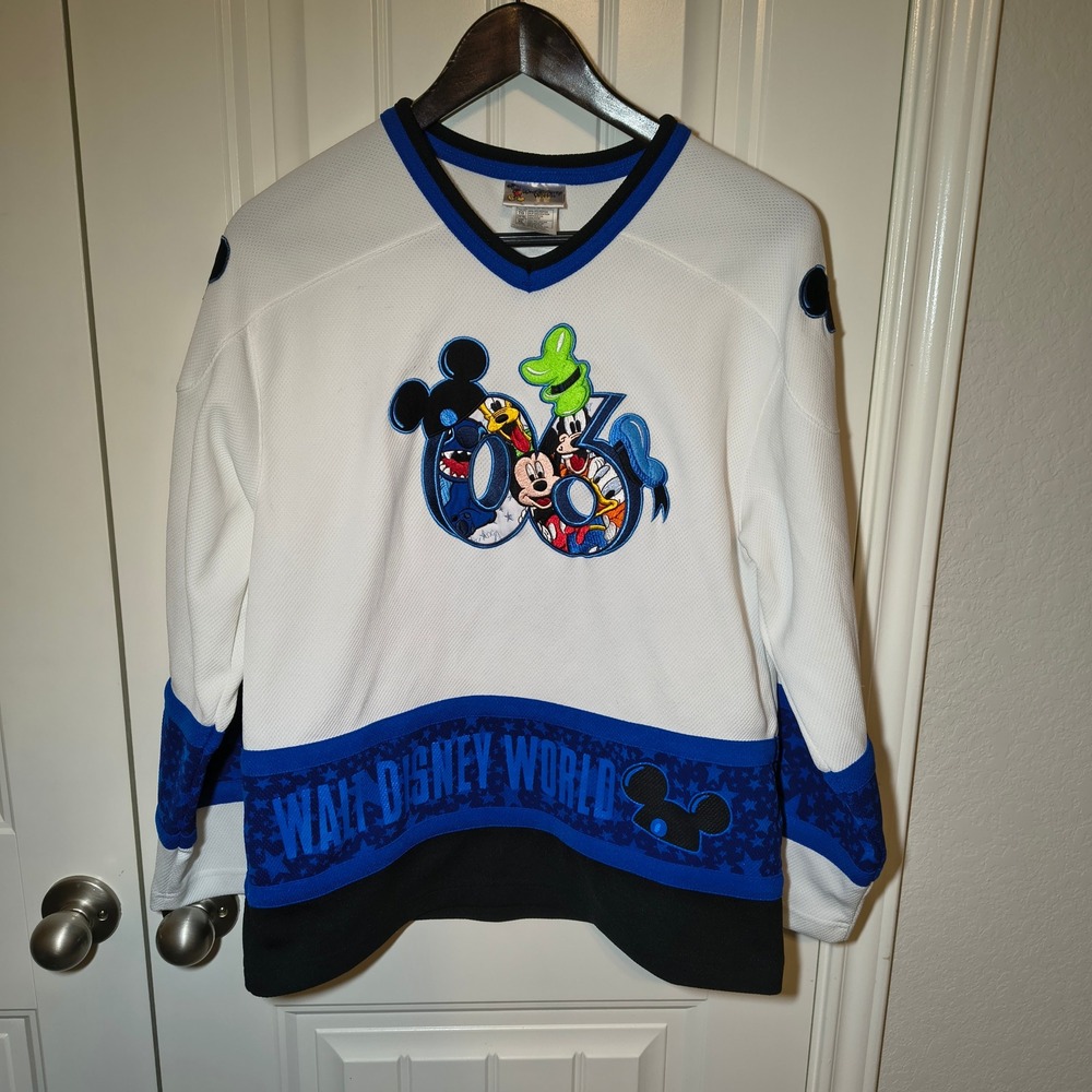 Walt Disney World 2006 Mickey Stitch Goofy Hockey Jersey Youth XL White Blue 06